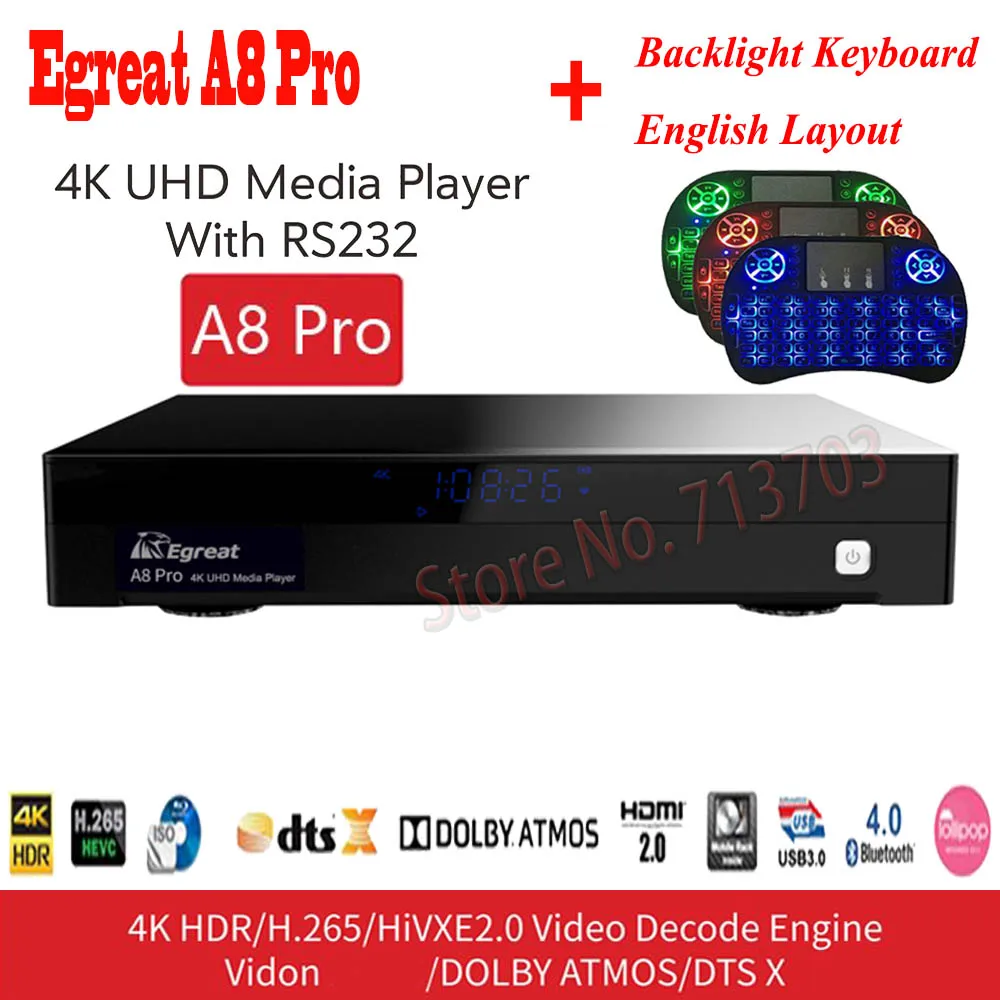 Egreat A8 Pro UHD медиаплеер Профессиональный 4K Android 7,0 Smart tv Box Bluetooth 3,5 ''HDD SATA HDMI2.0 HD приставка клавиатура - Цвет: A8 Pro N Backlit I8