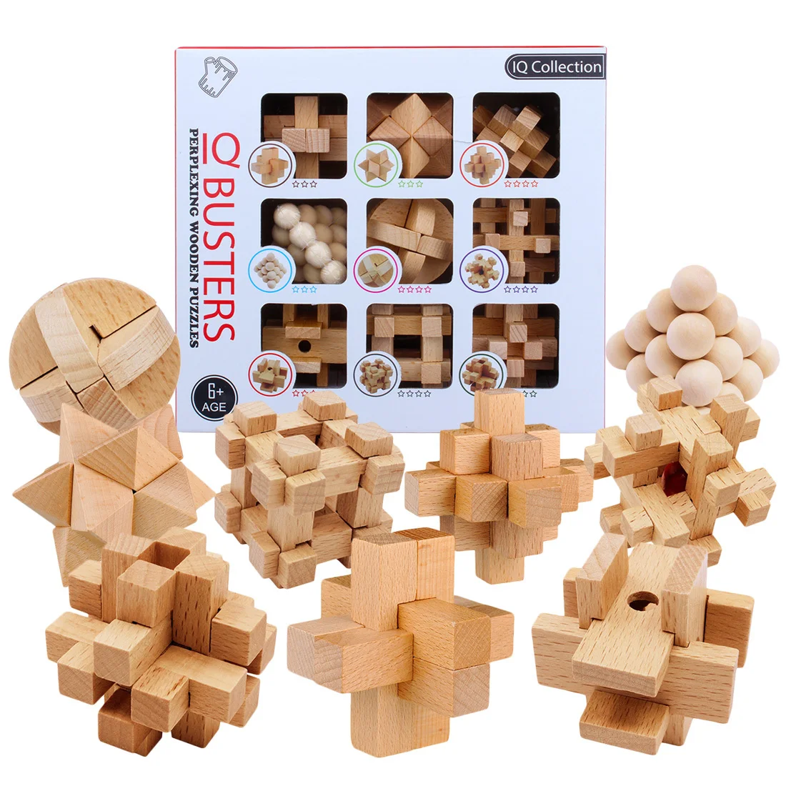 

2019 New Hot 9Pcs Beech Kong Ming Lock Puzzle Luban Lock Set Children Development And Education Toy Wholesale