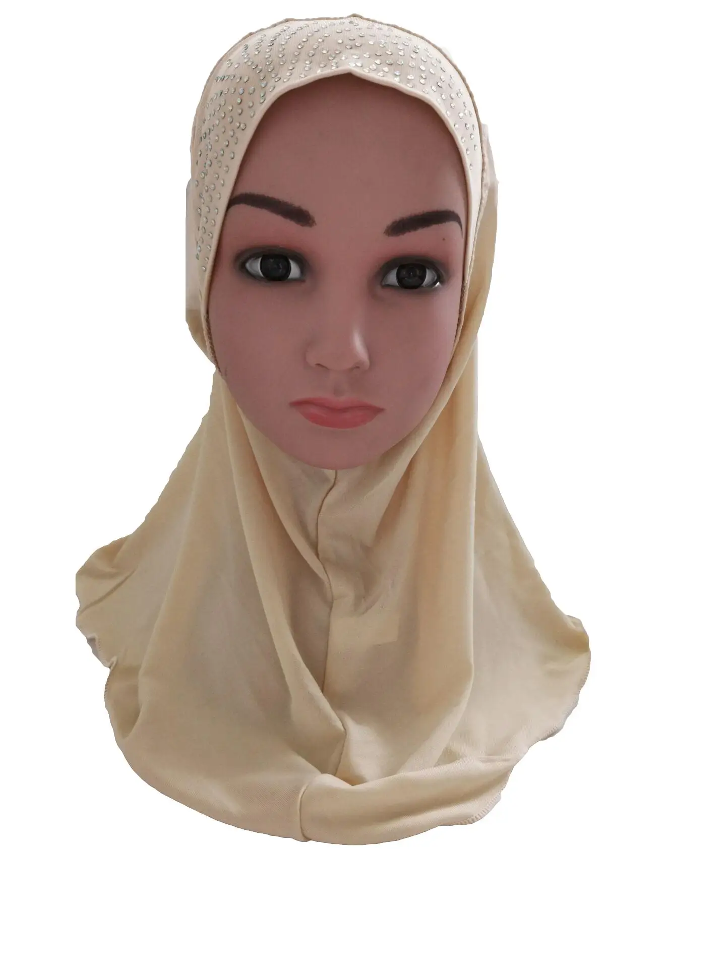 Мусульманские дети хиджаб для девочки Стразы цельный шарф "Амира" шаль исламский платок Арабская шапка Рамадан головной убор шляпа никвабы тюрбан Ближний Восток - Цвет: Бежевый