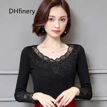Dhfinery теплая футболка для женщин на осень-зиму Длинные рукава плюс плотный бархат, шнуровка, низкий воротник ажурной вышивкой футболка S81