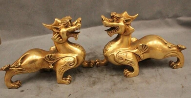 WBY+++ free shipping 10&quot Chinese Fengshui Folk Brass Dragon Pi Xiu Beast Unicorn Kylin Statue Pair | Дом и сад