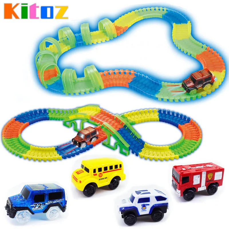 

Kitoz Mega Set Racing Track Glow in the Dark Colorful Slot LED Light Car Bend Flexible Track Twist Racetrack Railway Toy for Boy