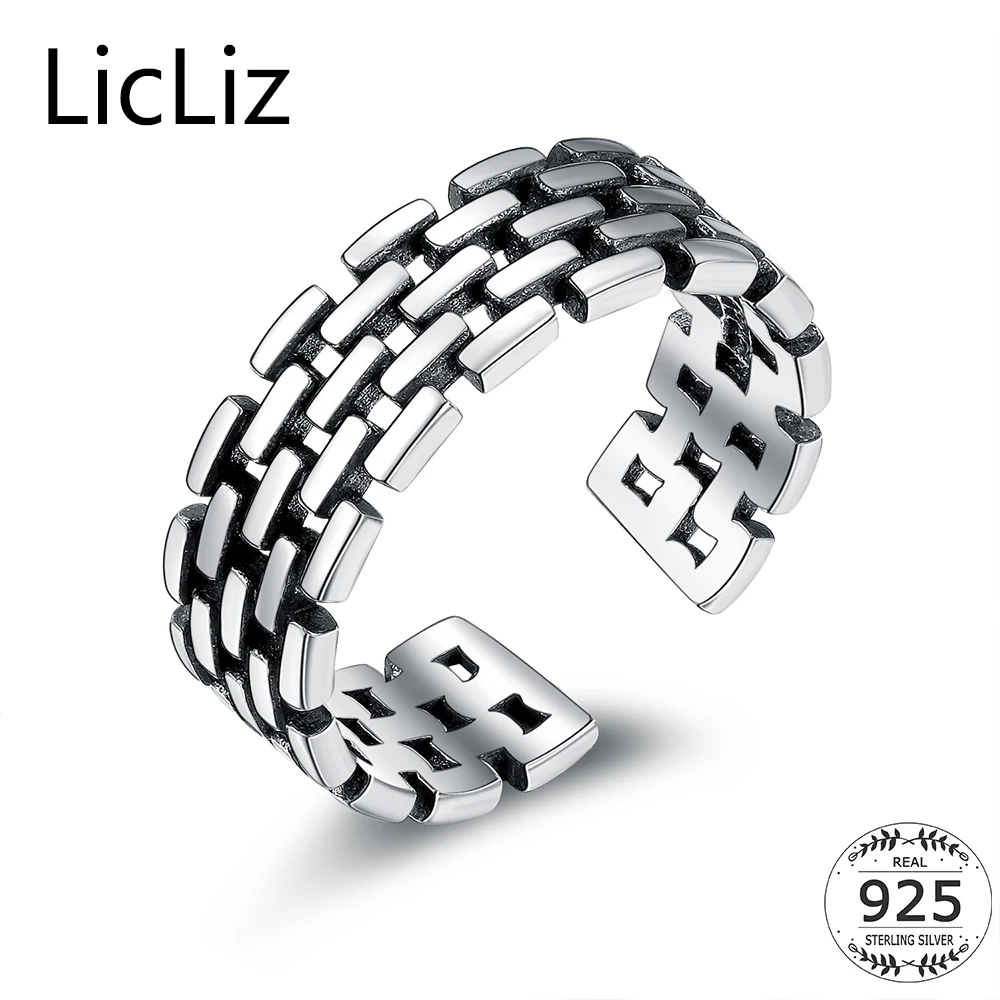 

LicLiz Antique Silver Adjustable Open Ring 925 Sterling Wide Band Rings Women Mens Braided Ring Hollow Wedding Band 2017 LR0330