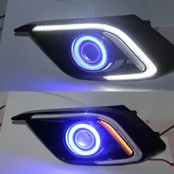 

LED DRL daytime running light + COB angel eye + projector lens + halo fog lamp + yellow turn signal for mazda 3 axela 2014, 2pcs