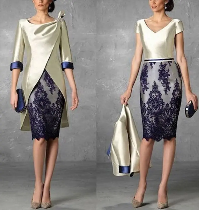 

2019 Knee Length Lace Short Mother of the Bride Dress for Weddings with Jacket 3/4 Sleeves Abito Sposo Robe de Soiree