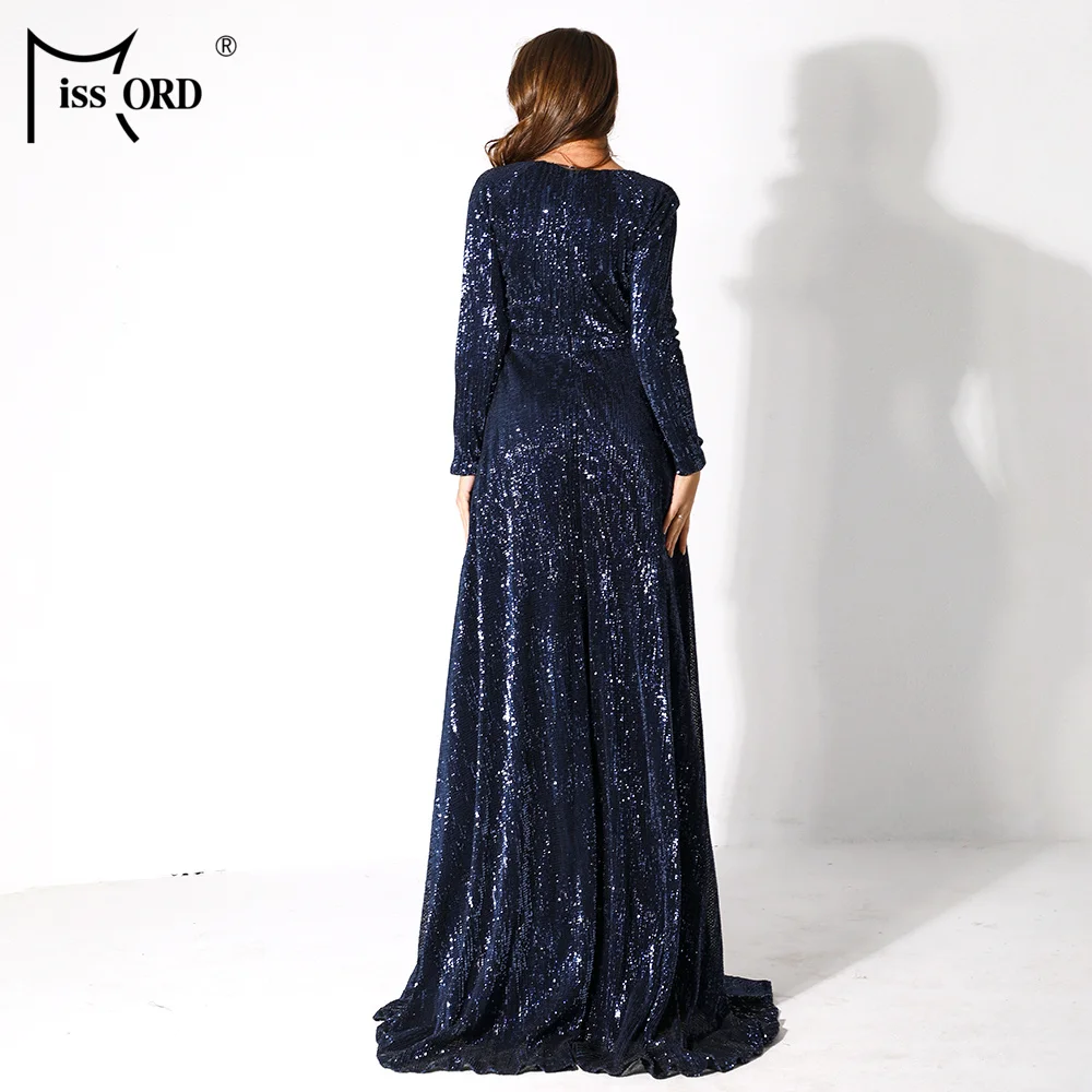 Missord Women Sexy Deep-V Long Sleeve High Split Dress Female Sequin Elegant Party Maxi Reflective Dress FT9707-3