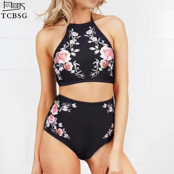 

TCBSG 2019 New Arrival Sexy Bikinis Women Swimwear High Waist Swimsuit Retro Print Floral Crop Top Halter Bikini Set Bating Suit