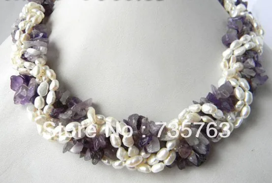 

HOT 00406 18'' 5Strands Freeform Amethyst White Freshwater Pearl Necklace