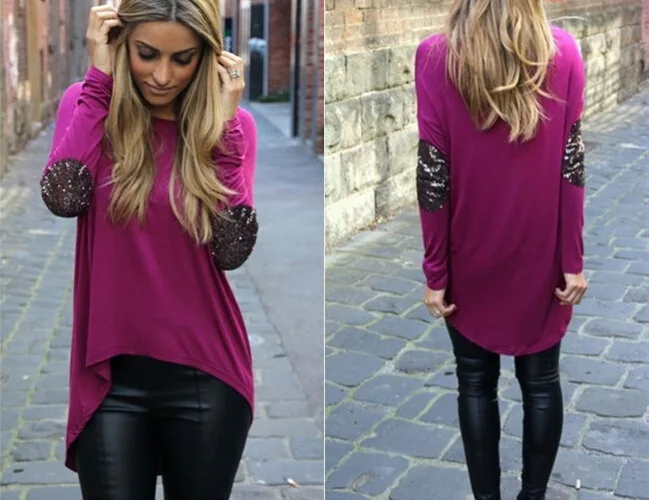 

Women Casual Long-sleeved T-Shirt Glitter Stitching Irregular O-neck Top Bottoming Shirt Loose clothing