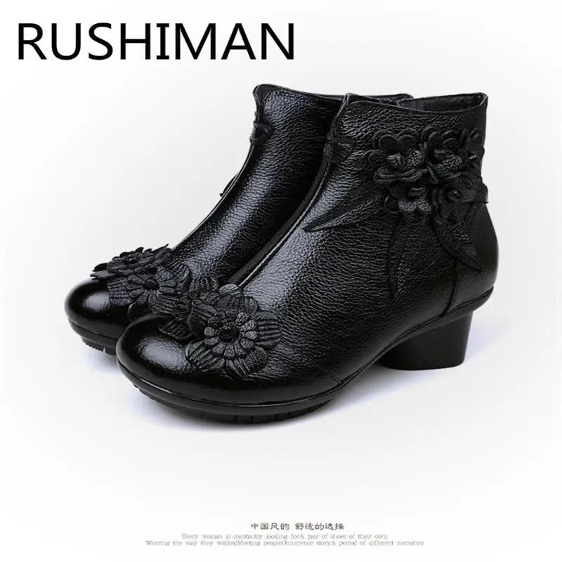 

RUSHIMAN national style women's leather with hand cradle black boots autumn winter shoes soft bottom anti skid large code 35-42