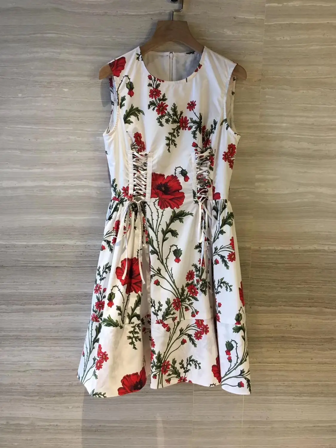 

2019 woman ladies flora printed lace waist dress