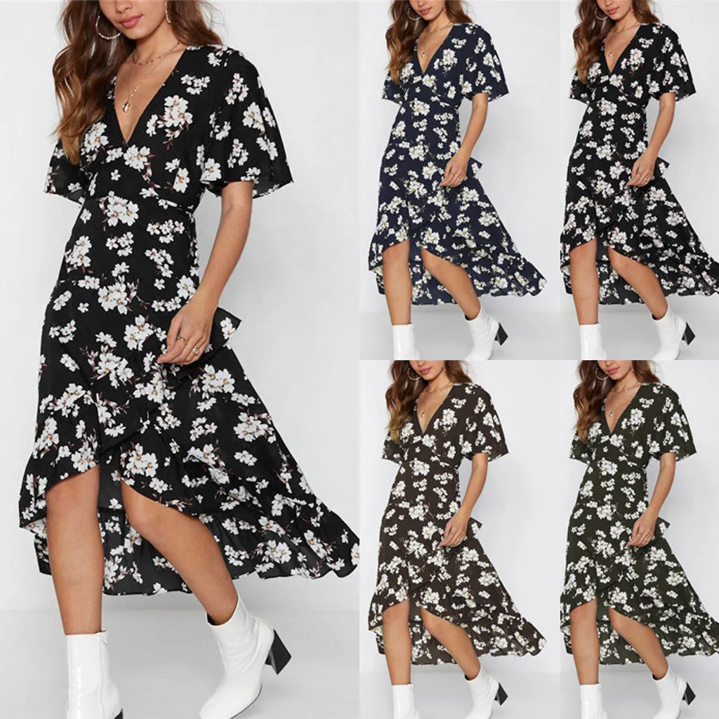 New Fashion Women Bohemian Chiffon Dress Flower Prints V Neck Short ...