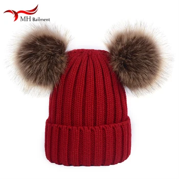 

2019 Fashion Winter Hat Women's Fur Pom Child Hat Cute Winter Hair Ball Cap Suitable for Girls Boys Kids Double Knit Cap F14