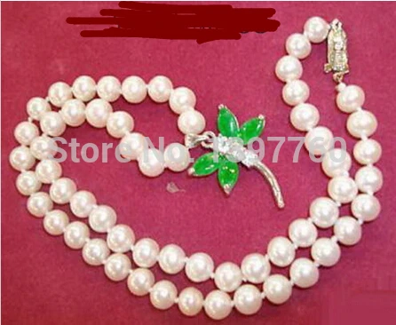 

Miss charm Jew.435 Genuine White Pearl Green Jade 18KGP Crystal Dragonfly Pendant 18" Necklace
