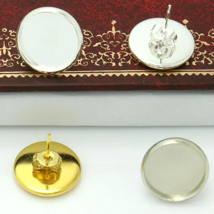 

20sets Carved 925 Ear Nut+Stud Earring Blank Inner 14mm Bezel Setting Tray Antique Bronze,Silver,Gold for Glass Cabochons