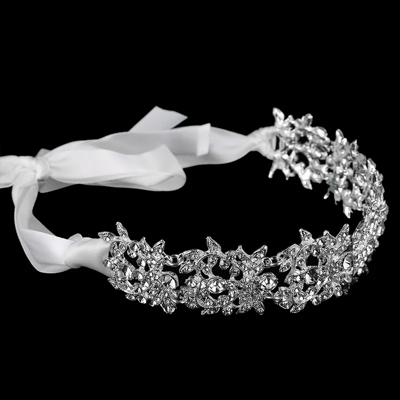 KMVEXO Handmade Bridal Headband Tiara Crystal Wedding Hair Accessories Ribbon Elegant Headpiece Rhinestone Women Hair Jewelry