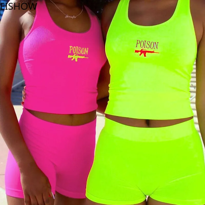 

EISHOW Casual Letter Printed Fitness Women Outfits Two 2 Piece Set 2019 Summer Work Out Tank Tops and Mini Shorts Matching Sets
