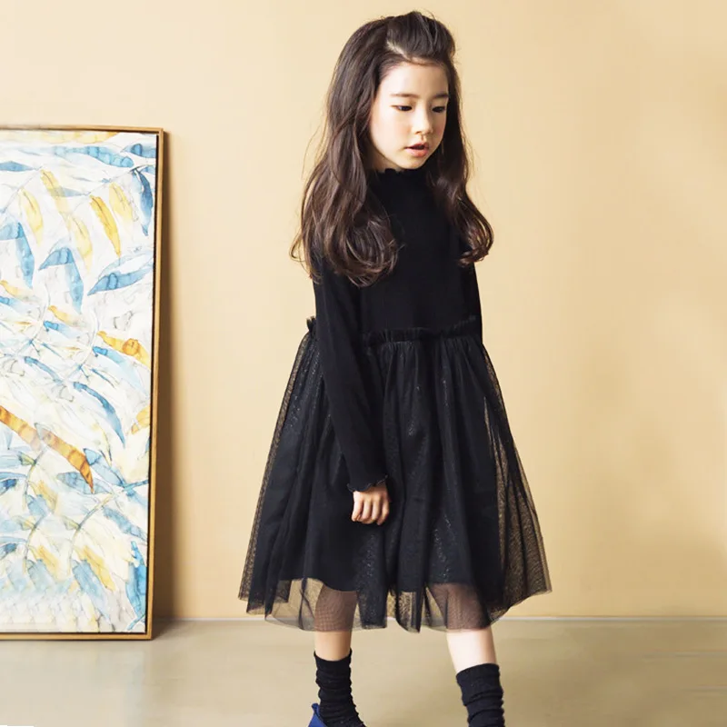 

Girls Dresses 2018 Spring Fall New Kids Long Sleeve Classic Black Dress with Mesh Patchwork Ball Gown Elegant Princess Dresses