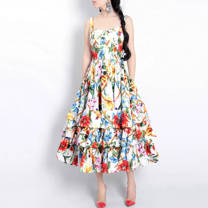 Red RoosaRosee Дизайнерские летние платья для женщин цветочный принт рюшами Спагетти ремень миди платье милые вечерние платья Vestido Femme