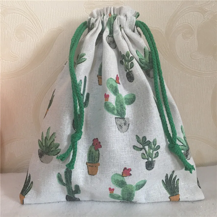 1 шт., многоцелевой Органайзер на шнурке из хлопка и льна, сумка для хранения, вечерние подарочные сумки, зеленые цветущие кактусы N8223d