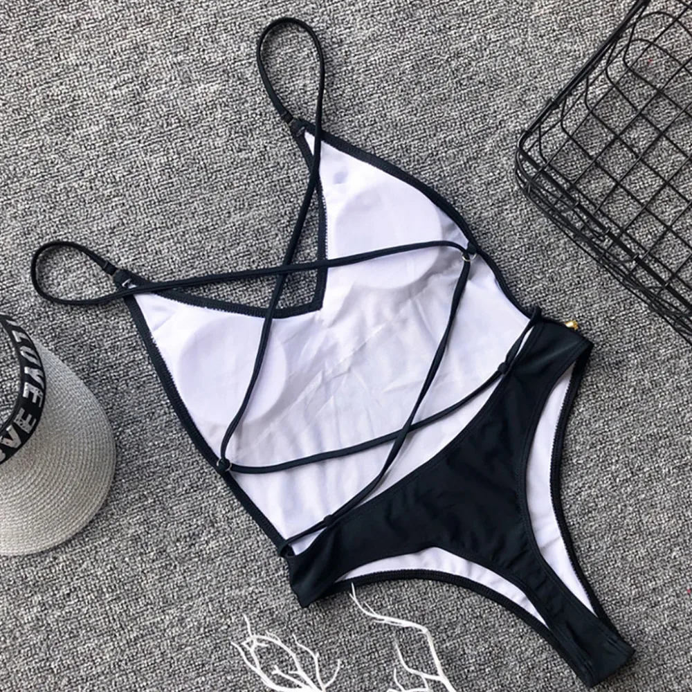 2019 women's drawstring halter one-piece sexy bikini set summer solid color sexy swimwear push up bikinis e fatos de banho 40J13 (16)