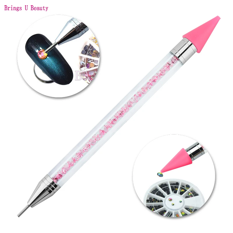 

1 PC Dual-ended Wax Nail Rhinestone Picker Dotting Pen Pink Beads Handle Gem Useful Pick Up Pencil Self-Adhesive Dot Head Tips