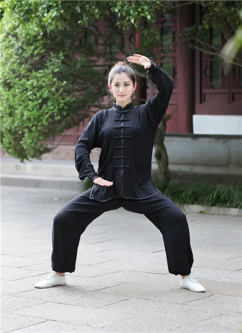 Бежевый Традиционный китайский женский костюм из хлопка с длинными рукавами кунг-фу тай-чи XXS XS S M L XL XXL XXXL - Цвет: Black