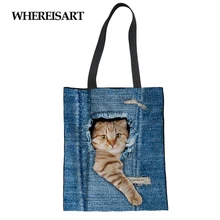 WHEREISART женские джинсы кошачья сумка многоразовая сумка для покупок путешествия школьная Сумочка складные сумки на плечо для женщин