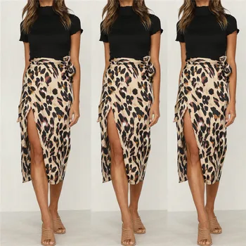 

Women Leopard Print High Waist Skirt With Sashes 2018 New Lady Sexy Fashion Office Work Skirts Summer Autumn Mid-calf Slit Skirt