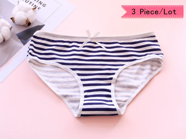 3Pcs/lot Cotton Panty Set Underwear Female Striped Bowknot Comfort Intimates Fashion Female Low-Rise Briefs Lingerie - Цвет: dark blue