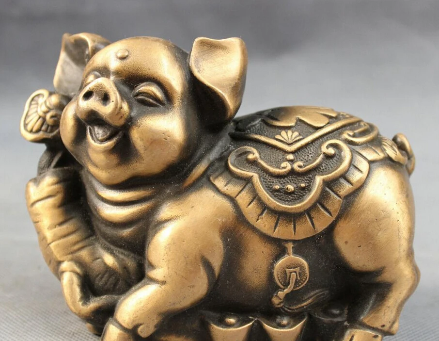 

song voge gem S3277 Chinese Bronze Folk Zodiac YuanBao RuYi Happy Fu Pig Statue Animals Sculpture