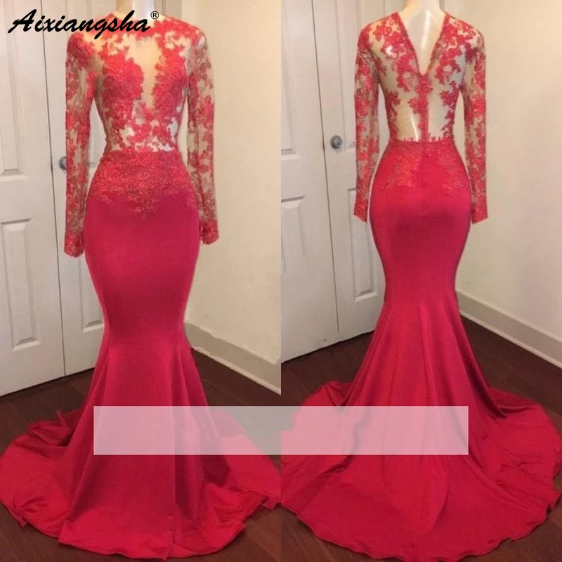 Red 2019 Prom Dresses Mermaid Long Sleeves Appliques Lace Illusion