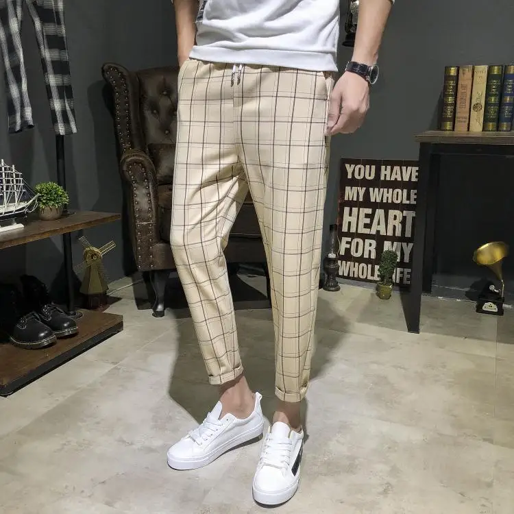 Плюс M-5XL мужские узкие брюки клетчатые брюки повседневные брюки зауженные брюки модные корейские