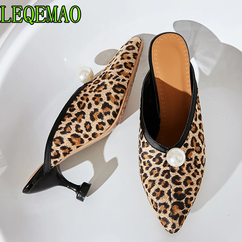 

Women Slippers High Heels Shoes Mules Pointed Toe Summer Shoes Woman Black Thin Heels String Bead Slippers Plus Size 34-43