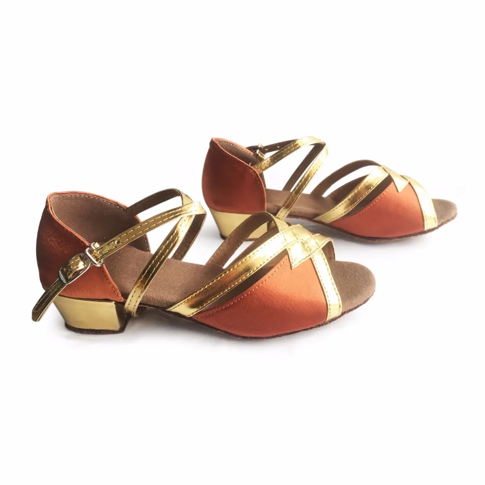 

Kids Ballroom Latin Dance Shoes Bronze Red Black Salsa Shoes for Girls Rumba Practice Shoes Low Heel 3.5cm Soft Sole VA20
