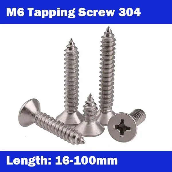 

M6, 10PCS DIN7982 304 Stainless Steel Screws M6*16-100mm Cross Recessed Flat Head Countersunk Self-tapping Wood Screws ISO7050