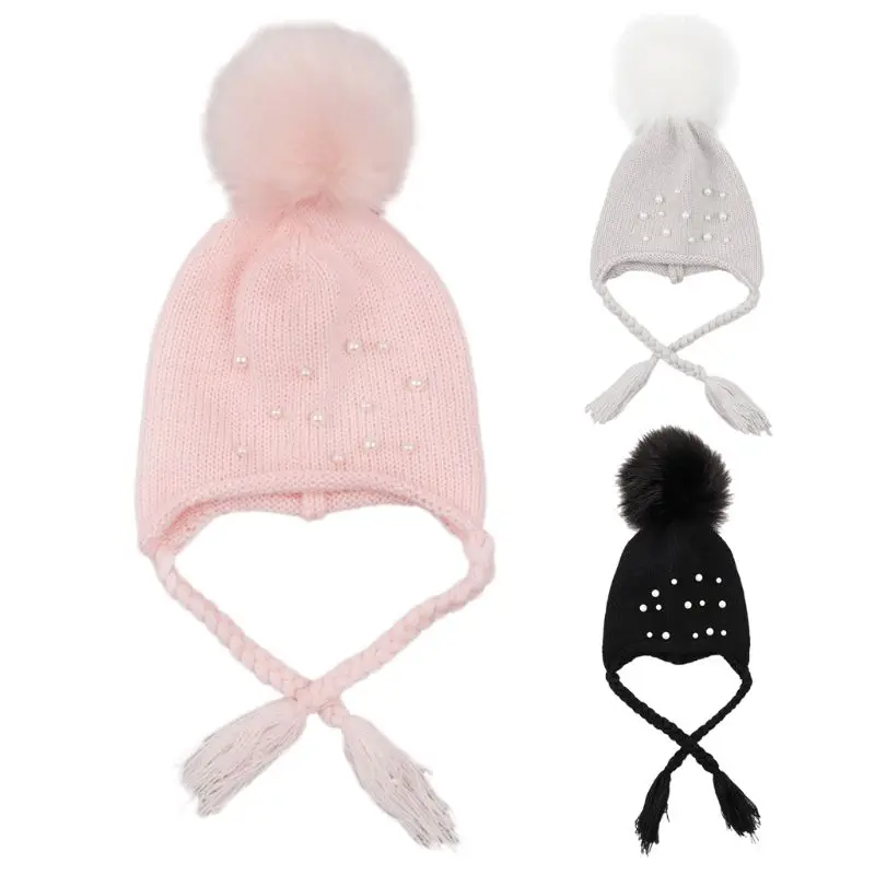 Зимняя теплая вязаная шапка для новорожденных, однотонная бейсболка шапочки с наушниками, осенне-зимняя вязаная шапка с Баном
