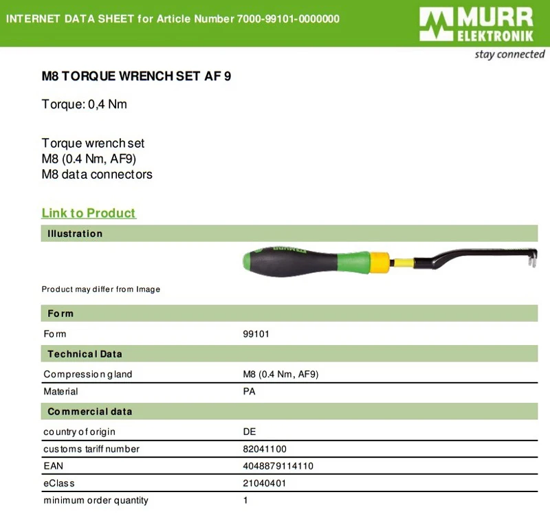 7000-99101-0000000 M8 разъема ключ 0.4Nm AF9