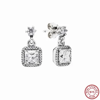 

925 Sterling Silver Timeless Elegance Drop Earrings for Women Jewelry with Square Danube-cut Centre Stone & Surround Halo FLE044