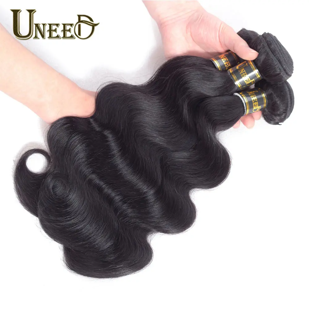 Uneed Hair Brazilian Body Wave 3 Bundles With Lace Closure 4*4 100% Human Hair Weave Bundles With Closure Remy Hair Extensions