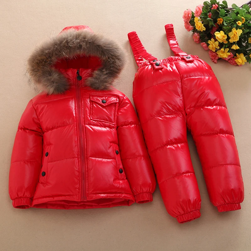 Russian Winter Warm Baby Boys Girls snowsuit Children Duck Down coats jacket with fur hood Thick kids ski snow suit clothes set