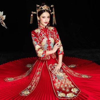 

Chinese Style Peacock Female Cheongsam Suit Rhinestone High Quality Qipao Traditional Bride Dress Embroidery Toast Clothes