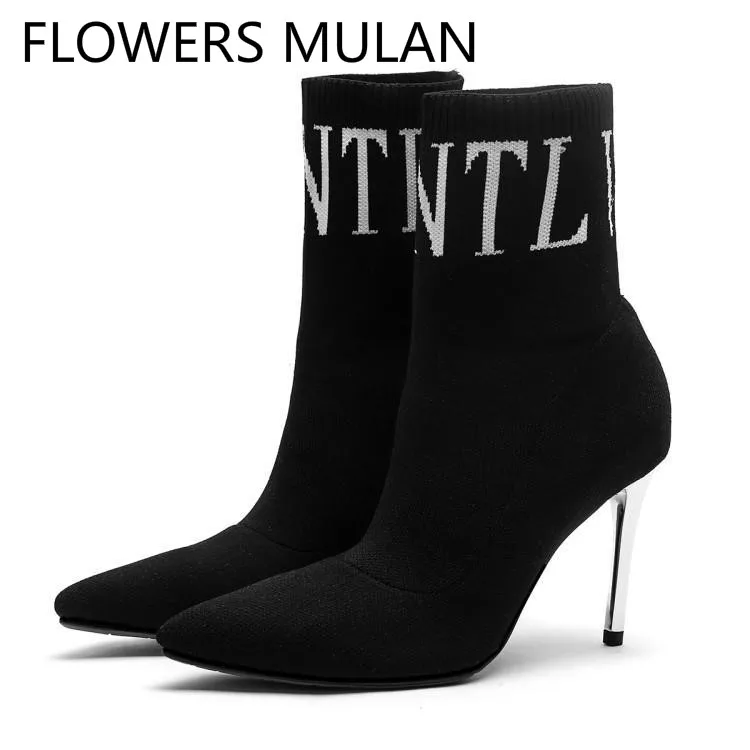 

Printing Letter Stretch Fabric Sock Boots Women Chic Pointed Toe High Heels Ladies Booties Winter Shoes Woman Slip On Zapatos