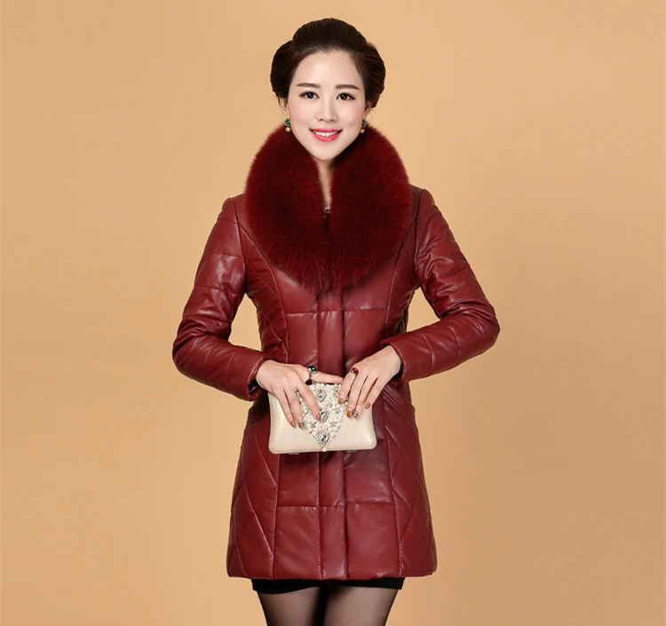 Women Elegant Winter Leather Jacket Long Thick Coat Fur Collar Jackets 2018 Fashion New Women Winter Warm Coat CH746