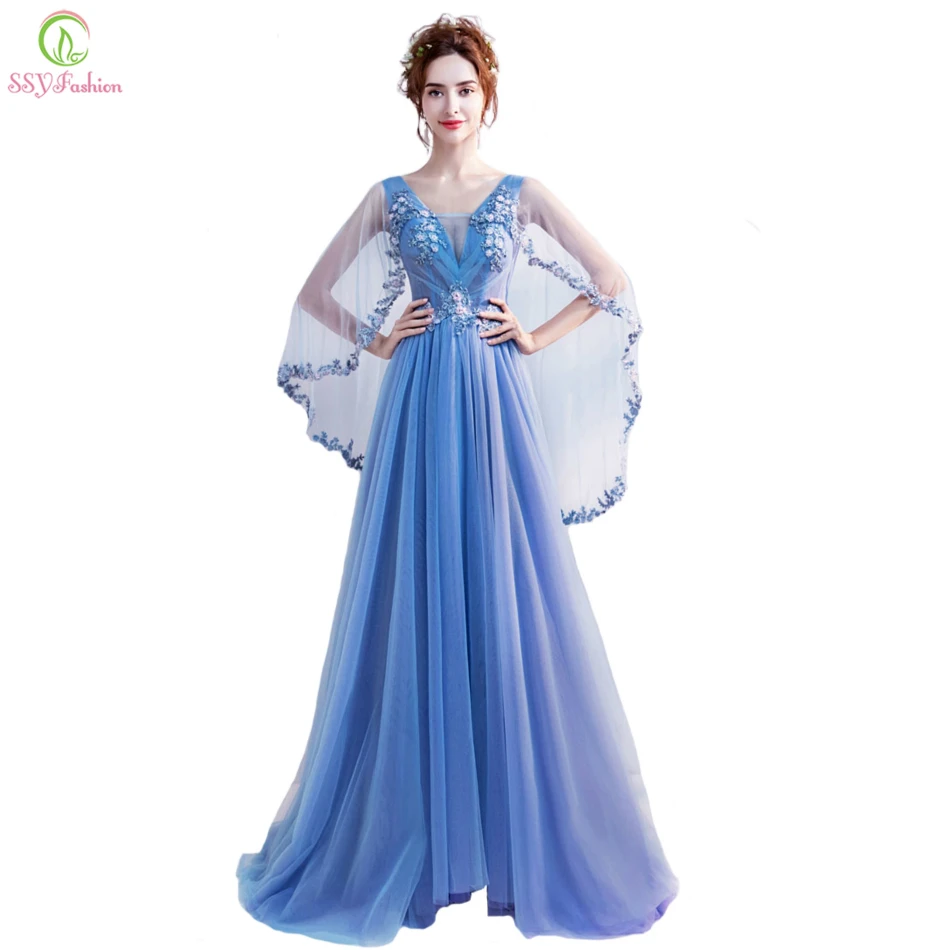 SSYFashion Nieuwe Kant Bloem Avondjurk Bruid Banket Zoete Blauw Applicaties V-hals Cape Mouwen vloer-lengte Formele Party Gown