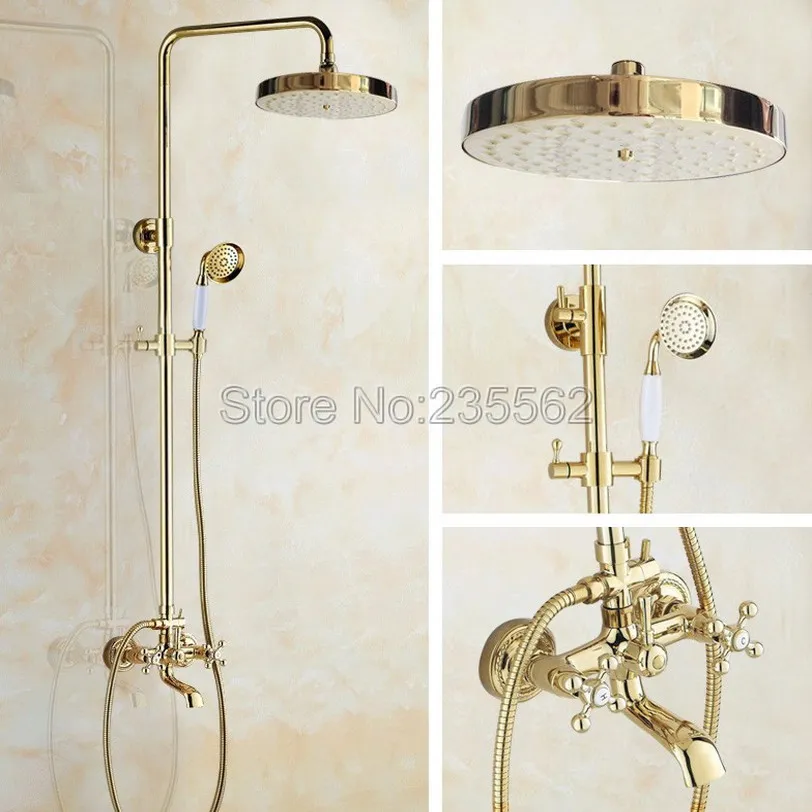 Koop Goud Kleur Messing Badkamer Luxe Regen Handdouche Systeem Hoofd Bad Uitloop Mengkraan met Keramische Handheld Spray lgf355