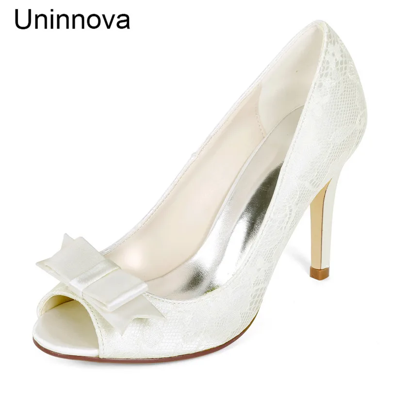 

Ivory White Bridal Bridesmaid Butterfly Peep Toe Pumps Elegant Lace Evening Pumps High Heel Stilletos Uninnova Y5623-12LS-1