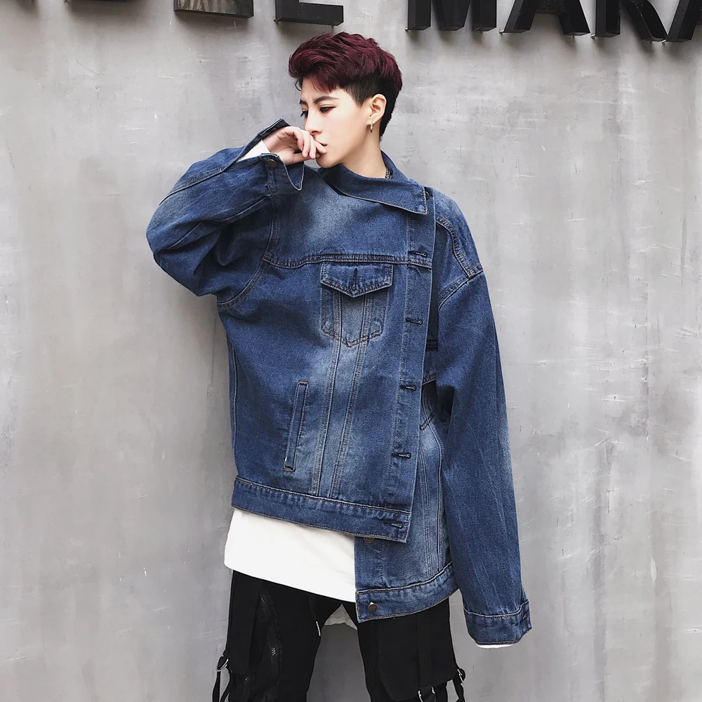 

MIXCUBIC 2018 new Autumn England style Unique asymmetry design denim jackets men casual loose denim jacket for men M-2XL
