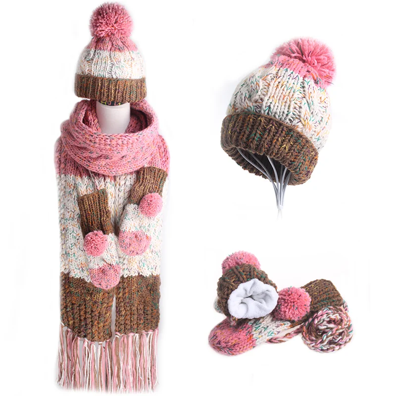 Civichic Топ Класс зима теплый комплект вязать шляпу, шарф, перчатки бархатные помпоном шапочки-бини кисточкой шаль утепленные варежки SH177