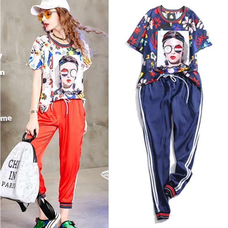 4XL New arrival women 2PCS sets Flowers Print Tees top Blouses And elastic Capris pants tracksuits Maxi Clothing Set CC160
